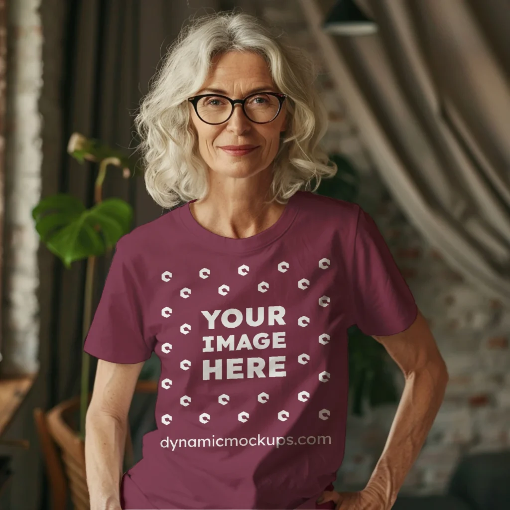 Woman Wearing Maroon T-shirt Mockup Front View Template