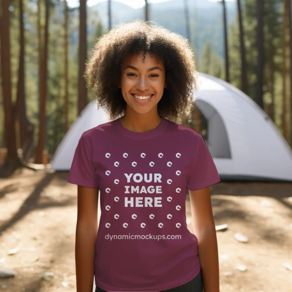 Woman Wearing Maroon T-shirt Mockup Front View Template