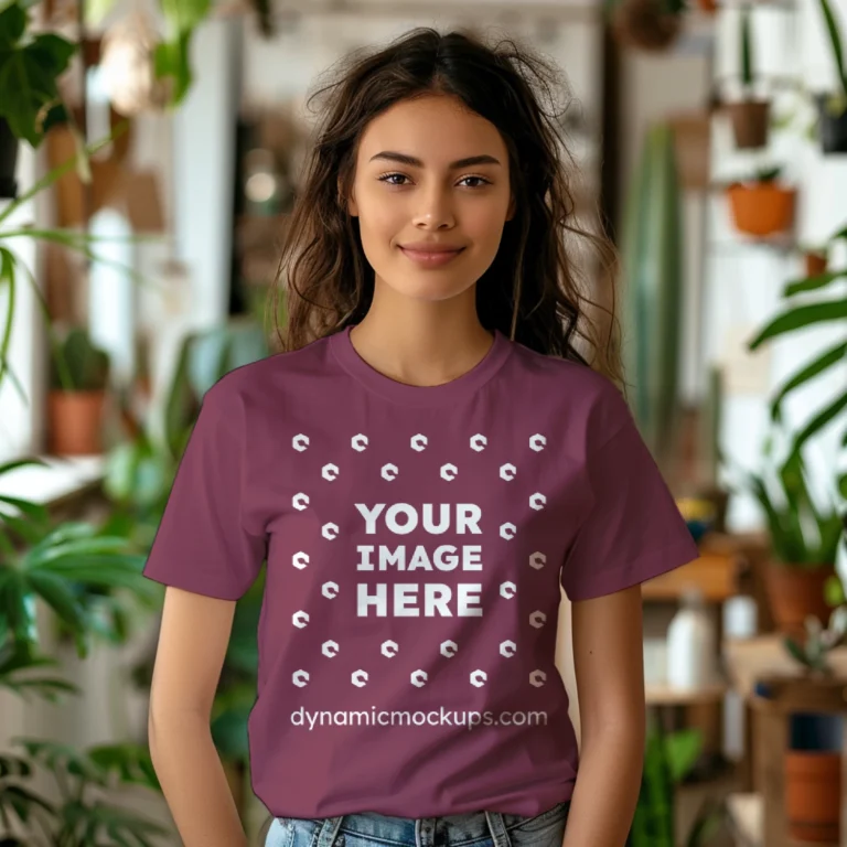 Woman Wearing Maroon T-shirt Mockup Front View Template