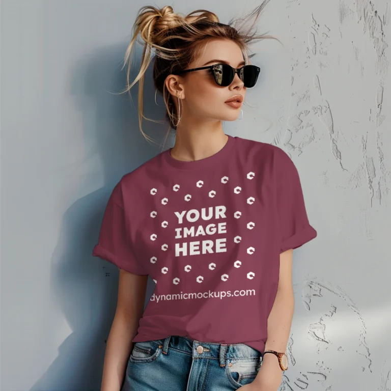 Woman Wearing Maroon T-shirt Mockup Front View Template