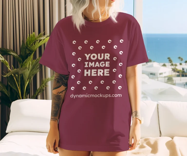 Woman Wearing Maroon T-shirt Mockup Front View Template