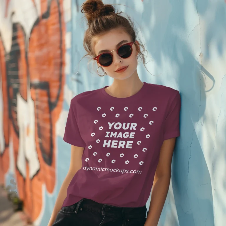 Woman Wearing Maroon T-shirt Mockup Front View Template