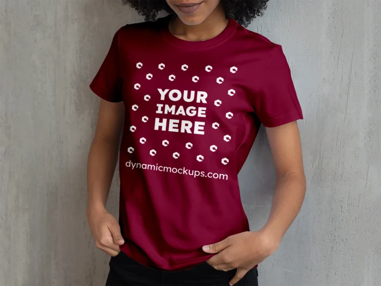 Woman Wearing Maroon T-shirt Mockup Front View Template