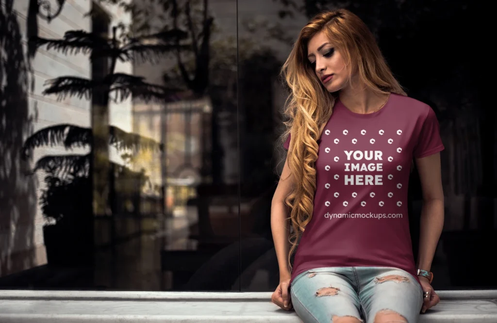 Woman Wearing Maroon T-shirt Mockup Front View Template