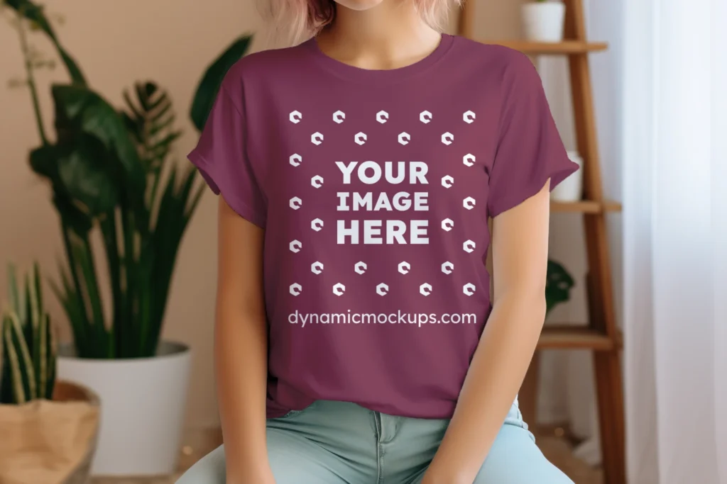 Woman Wearing Maroon T-shirt Mockup Front View Template