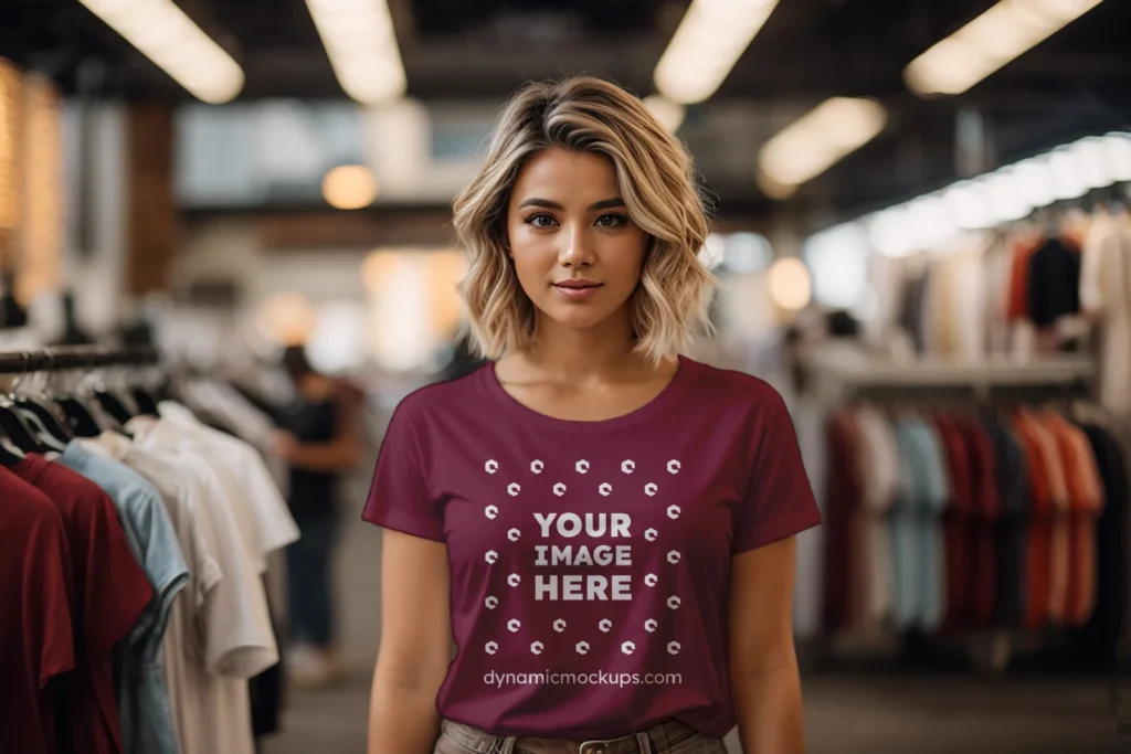 Woman Wearing Maroon T-shirt Mockup Front View Template