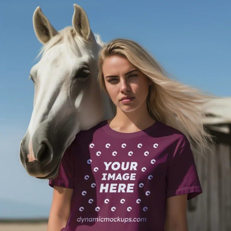 Woman Wearing Maroon T-shirt Mockup Front View Template