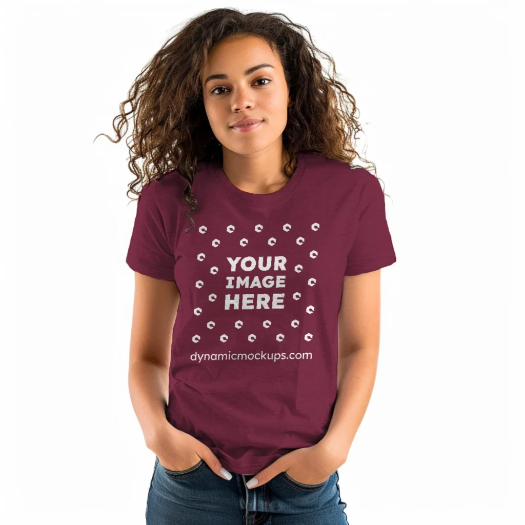 Woman Wearing Maroon T-shirt Mockup Front View Template