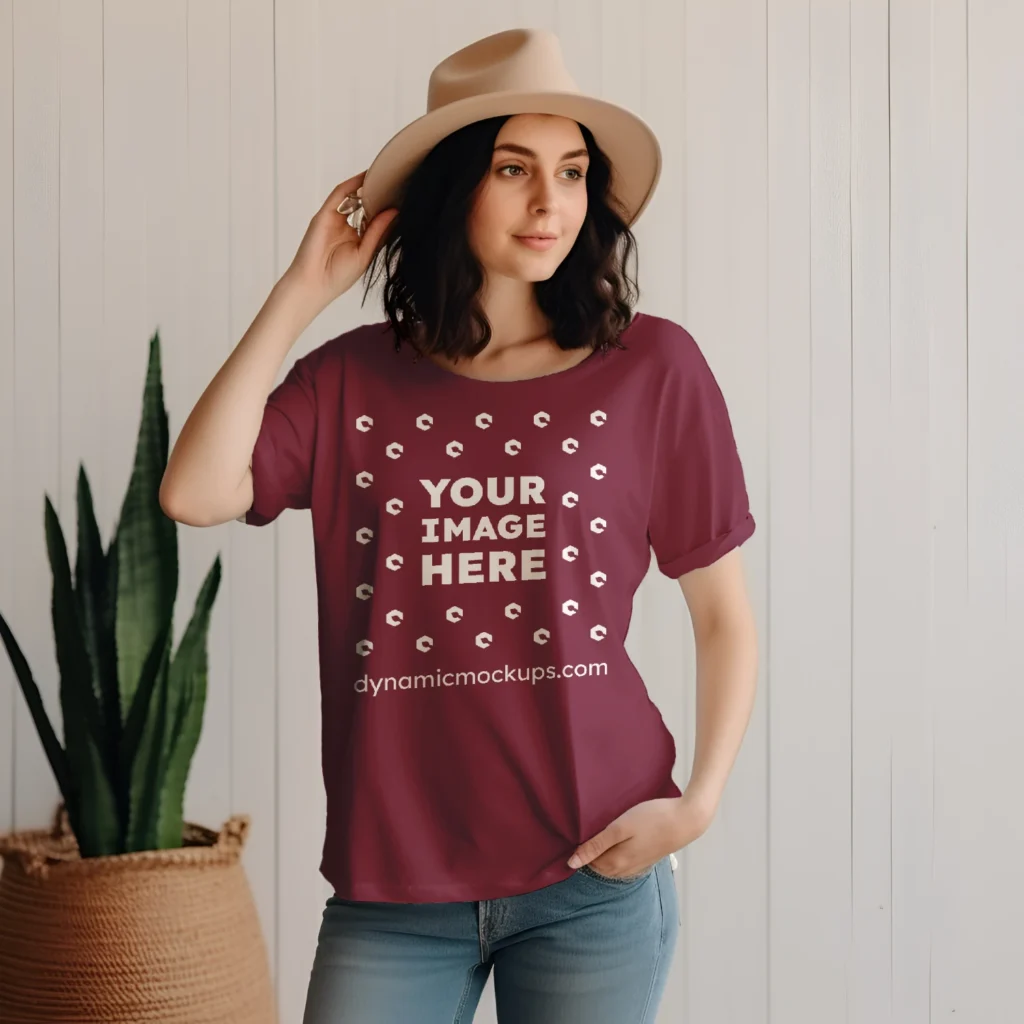 Woman Wearing Maroon T-shirt Mockup Front View Template