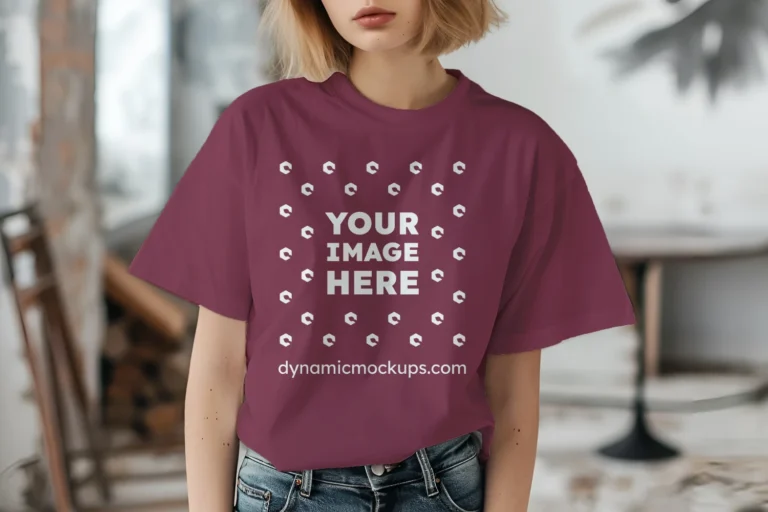 Woman Wearing Maroon T-shirt Mockup Front View Template