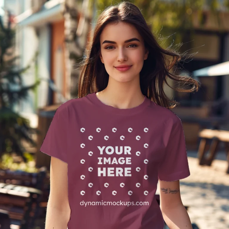 Woman Wearing Maroon T-shirt Mockup Front View Template