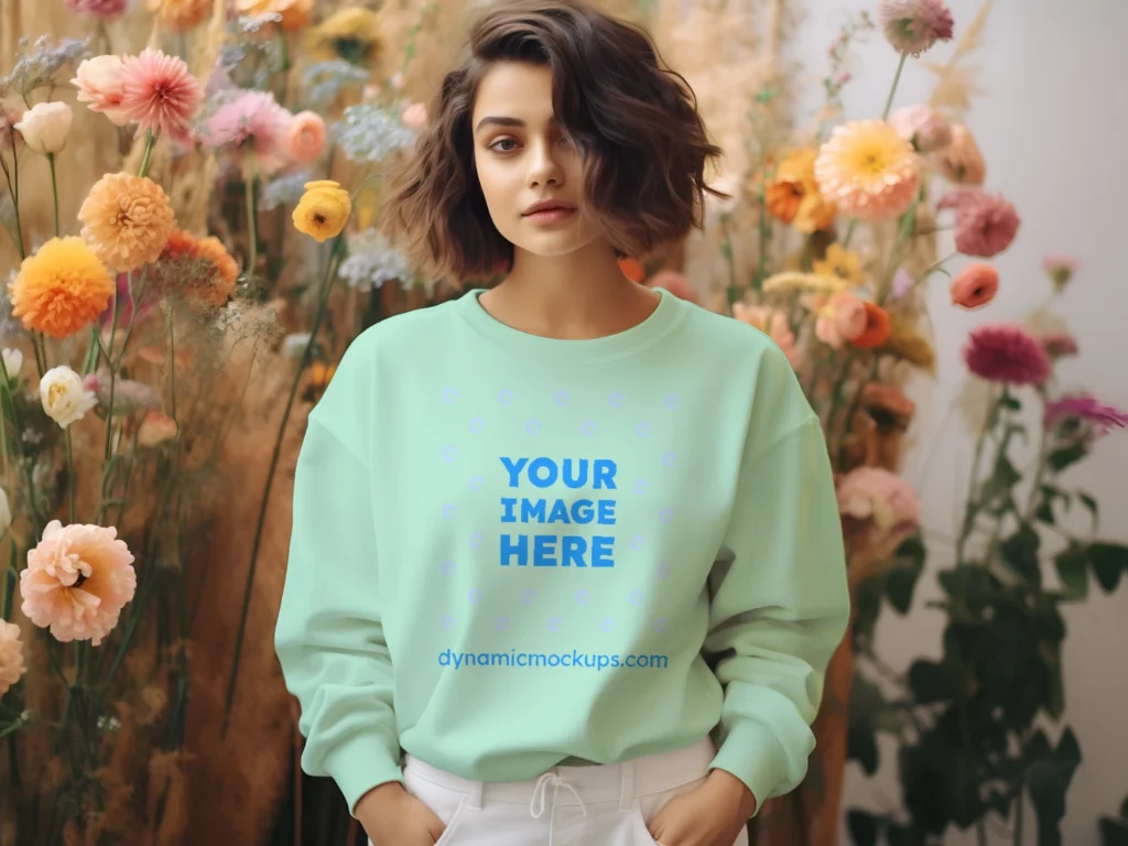 Woman Wearing Mint Sweatshirt Mockup Front View Template