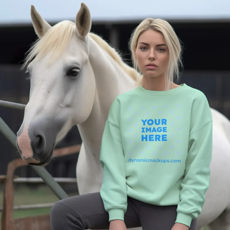 Woman Wearing Mint Sweatshirt Mockup Front View Template