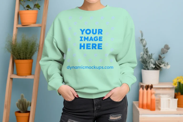 Woman Wearing Mint Sweatshirt Mockup Front View Template