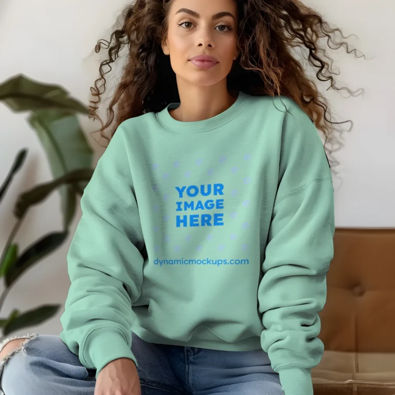 Woman Wearing Mint Sweatshirt Mockup Front View Template