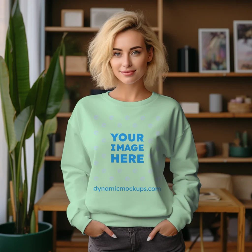 Woman Wearing Mint Sweatshirt Mockup Front View Template