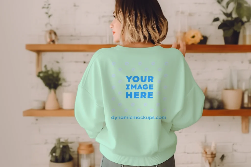 Woman Wearing Mint Sweatshirt Mockup Back View Template