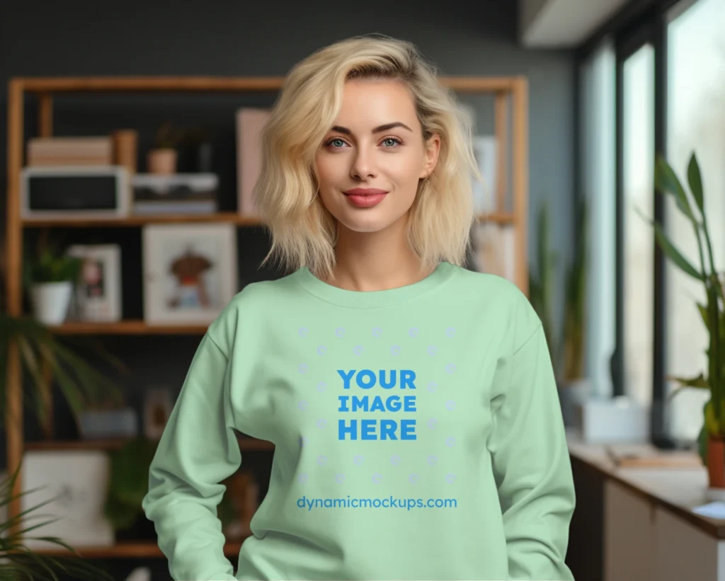 Woman Wearing Mint Sweatshirt Mockup Front View Template