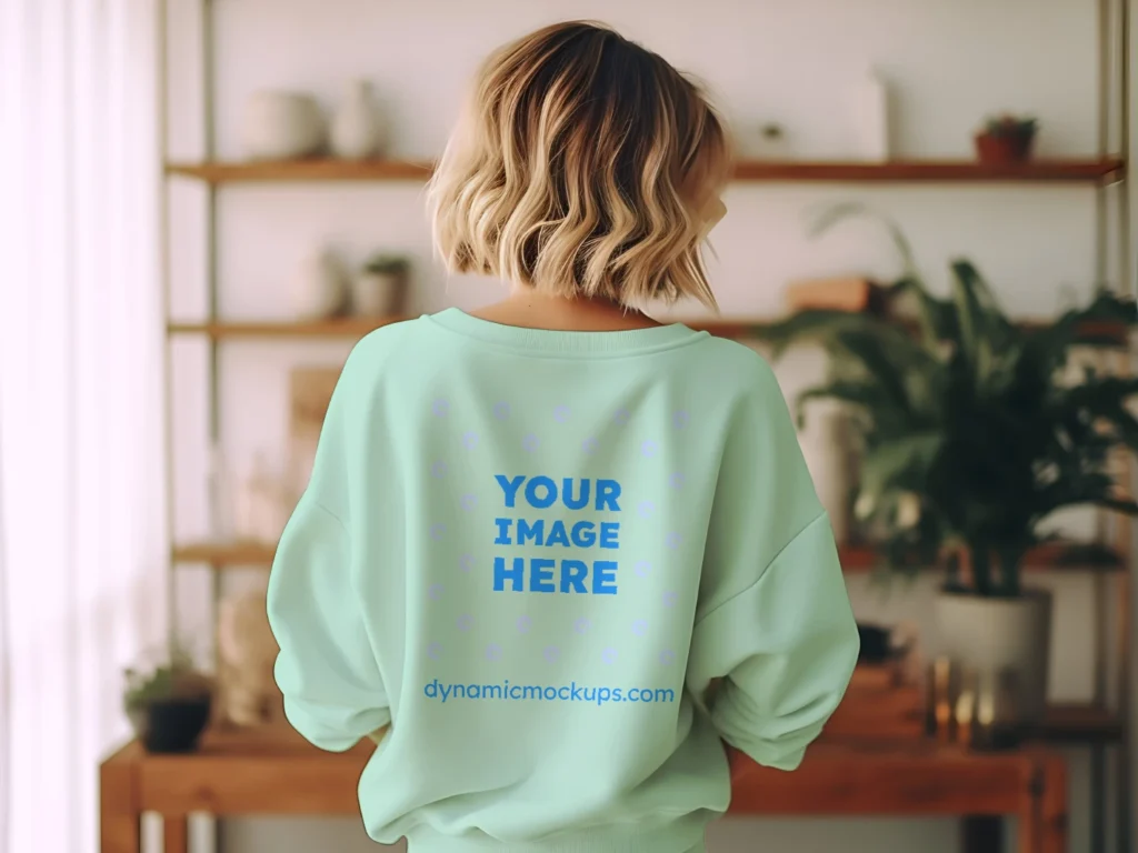 Woman Wearing Mint Sweatshirt Mockup Back View Template