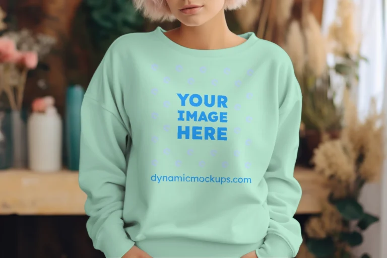 Woman Wearing Mint Sweatshirt Mockup Front View Template