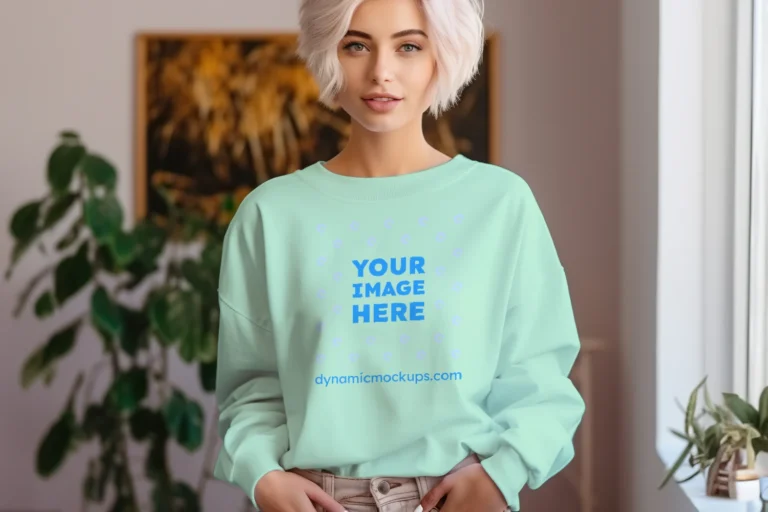 Woman Wearing Mint Sweatshirt Mockup Front View Template