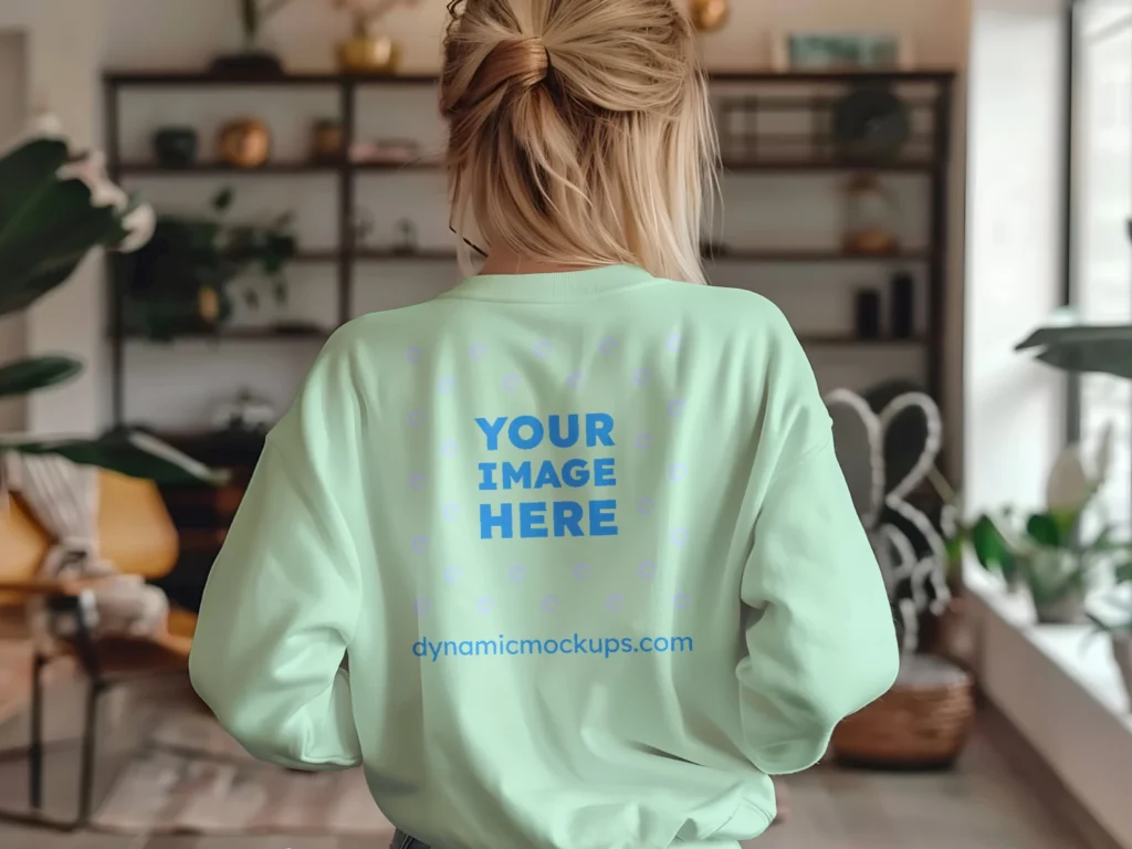 Woman Wearing Mint Sweatshirt Mockup Back View Template