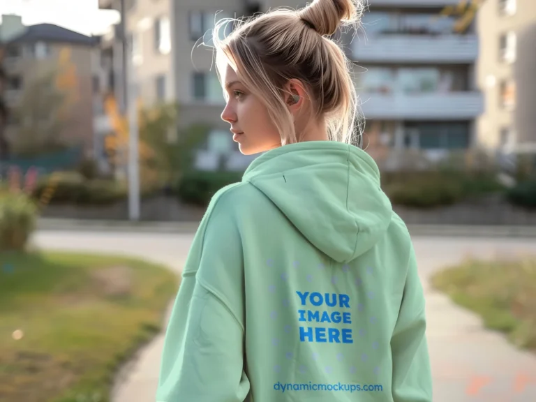 Woman Wearing Mint Hoodie Mockup Back View Template