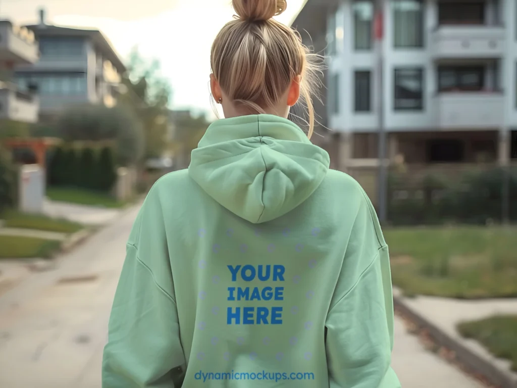 Woman Wearing Mint Hoodie Mockup Back View Template