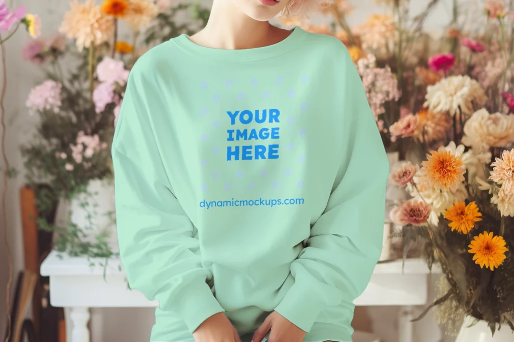 Woman Wearing Mint Sweatshirt Mockup Front View Template