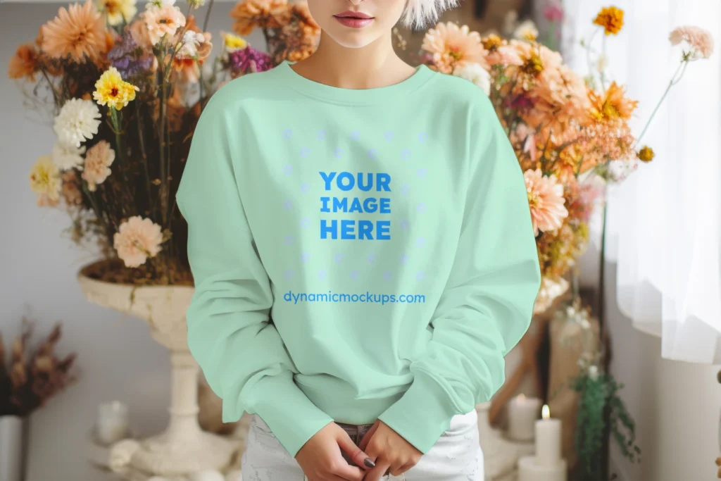 Woman Wearing Mint Sweatshirt Mockup Front View Template