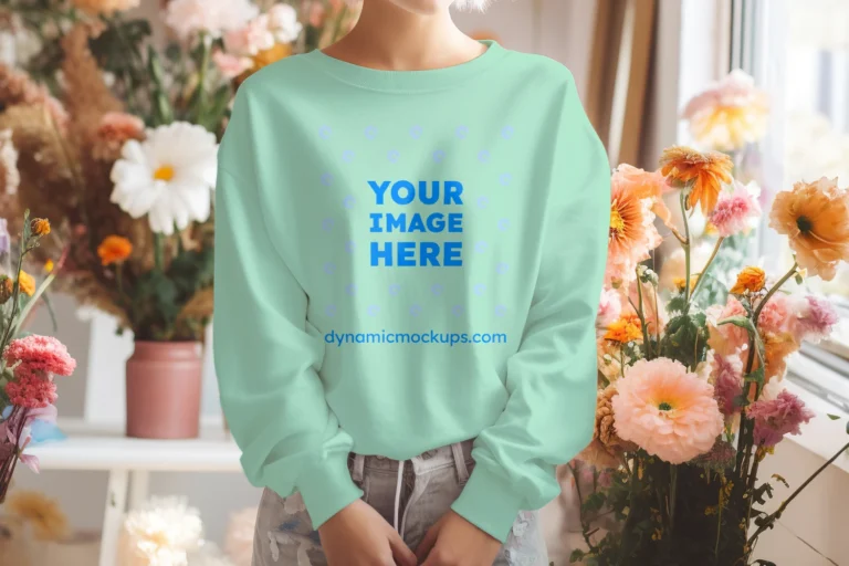 Woman Wearing Mint Sweatshirt Mockup Front View Template