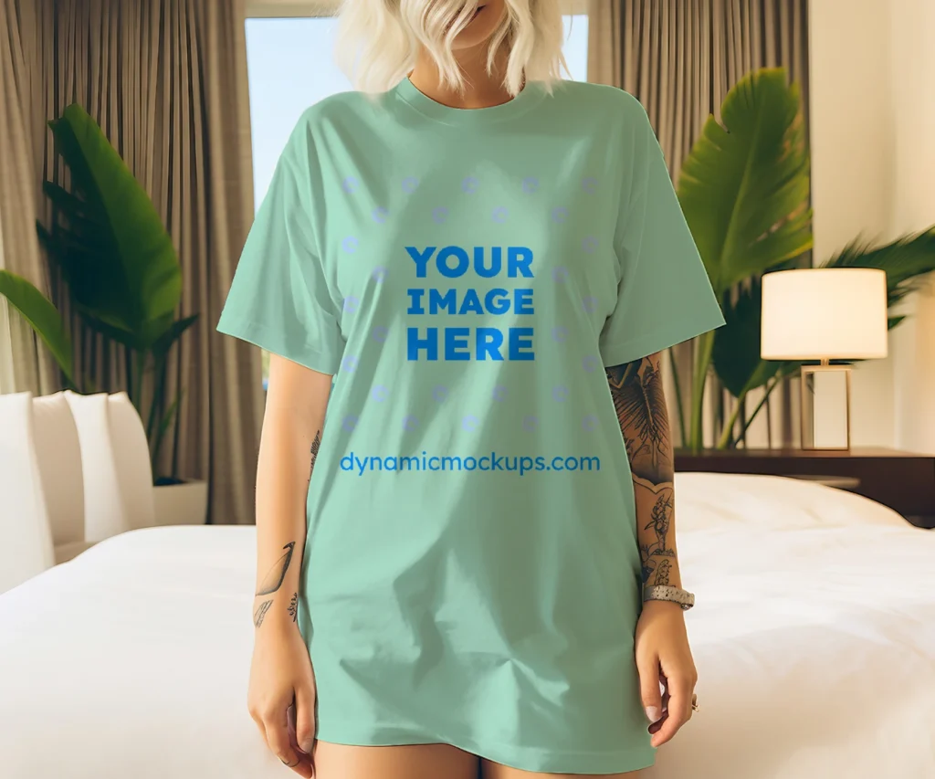 Woman Wearing Mint T-shirt Mockup Front View Template