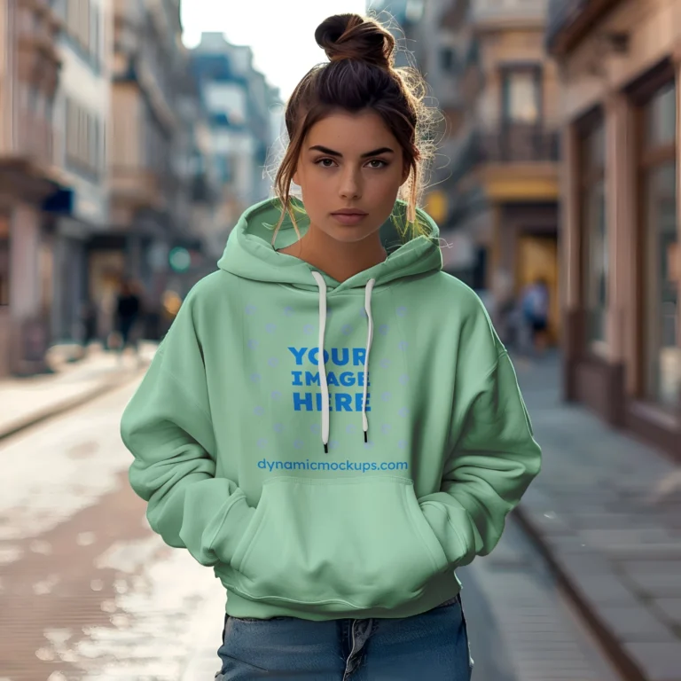 Woman Wearing Mint Hoodie Mockup Front View Template