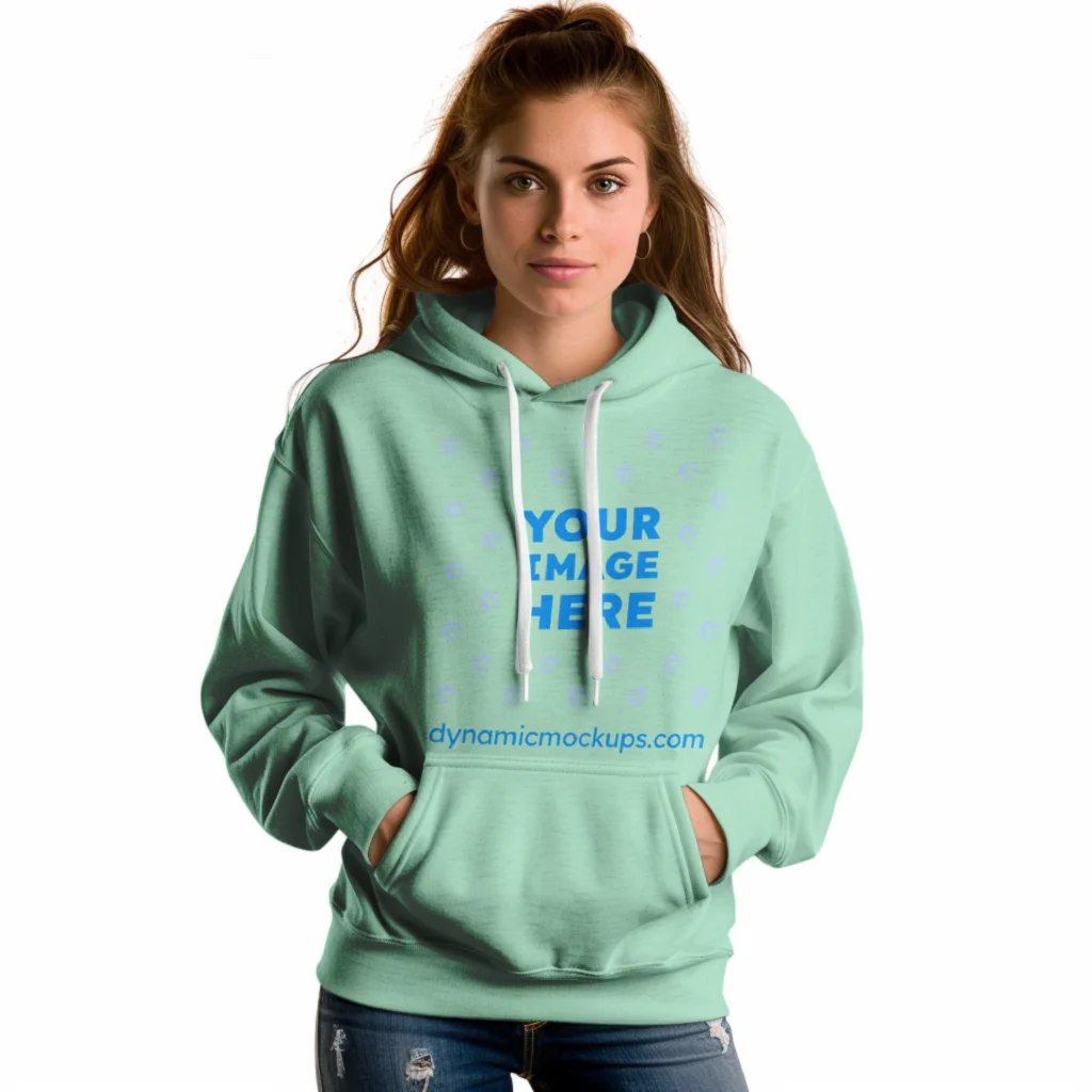 Woman Wearing Mint Hoodie Mockup Front View Template