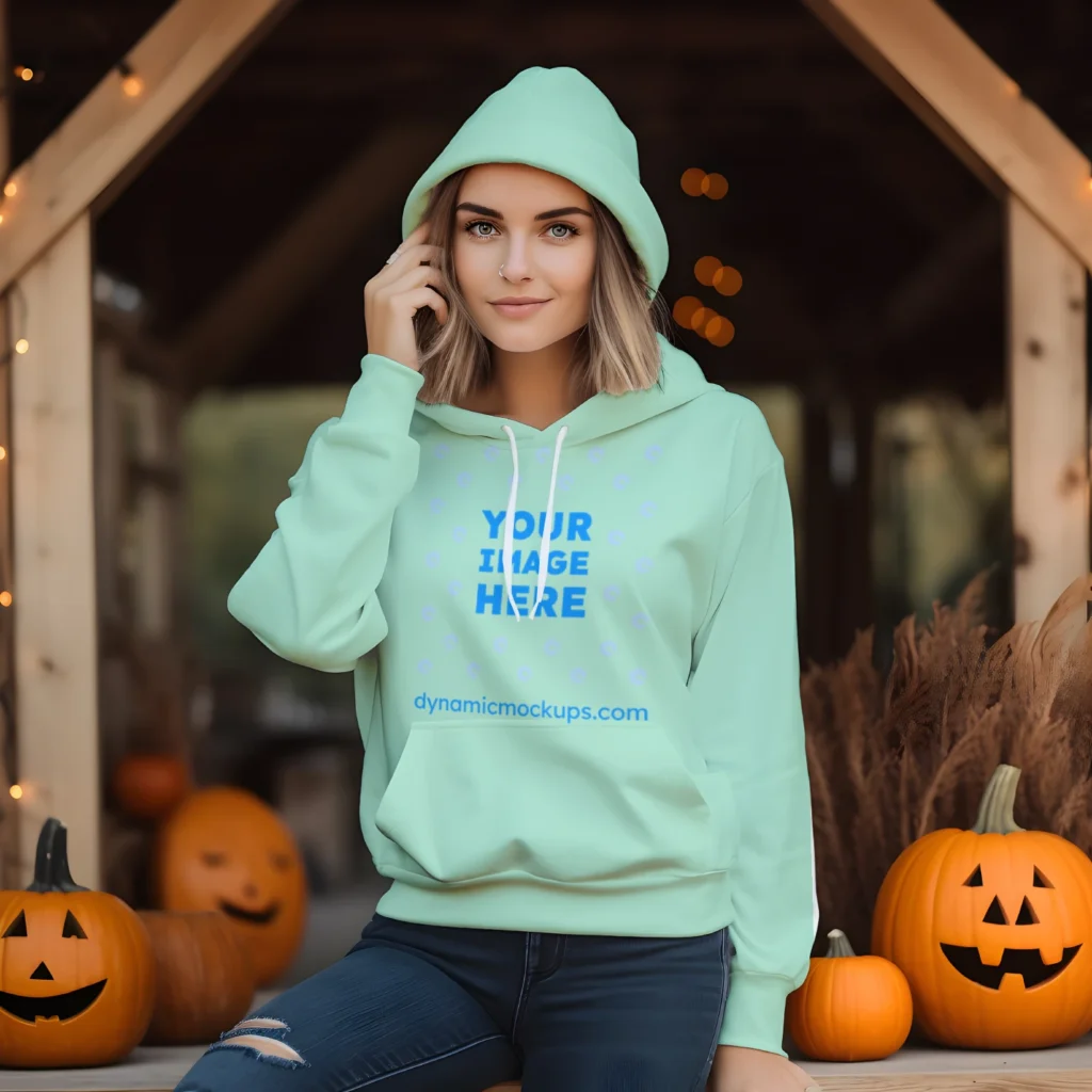 Woman Wearing Mint Hoodie Mockup Front View Template