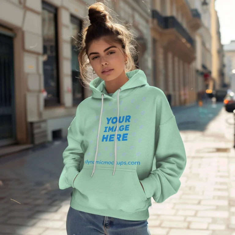 Woman Wearing Mint Hoodie Mockup Front View Template