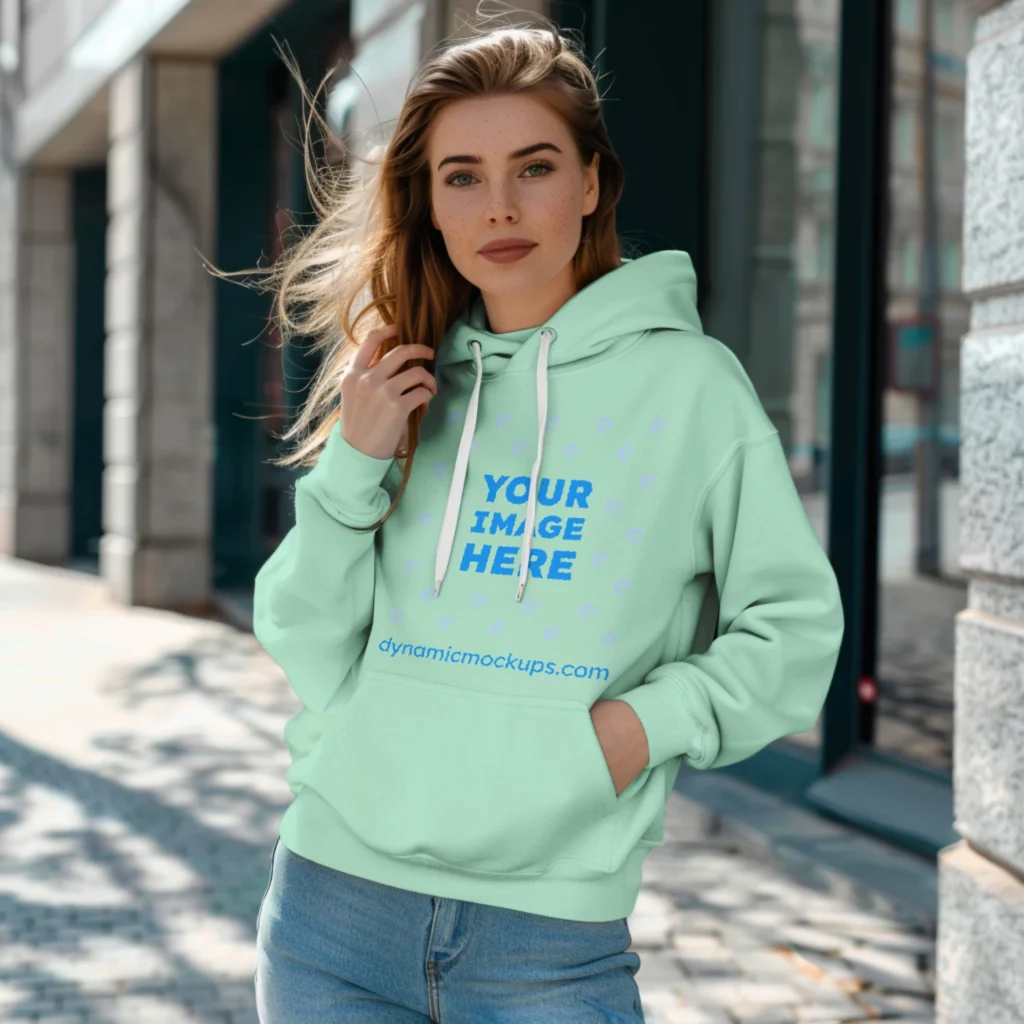 Woman Wearing Mint Hoodie Mockup Front View Template