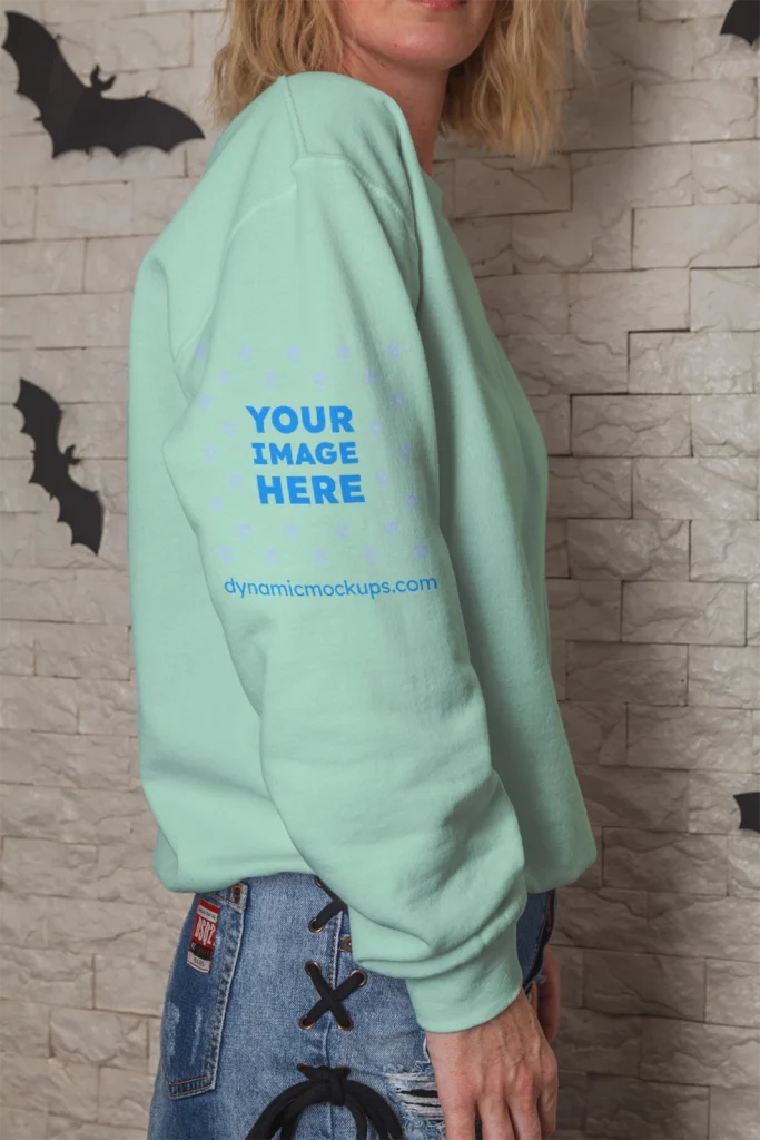 Woman Wearing Mint Hoodie Mockup Side View Template