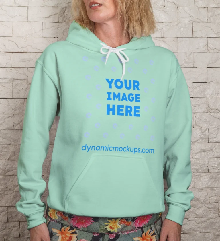 Woman Wearing Mint Hoodie Mockup Front View Template