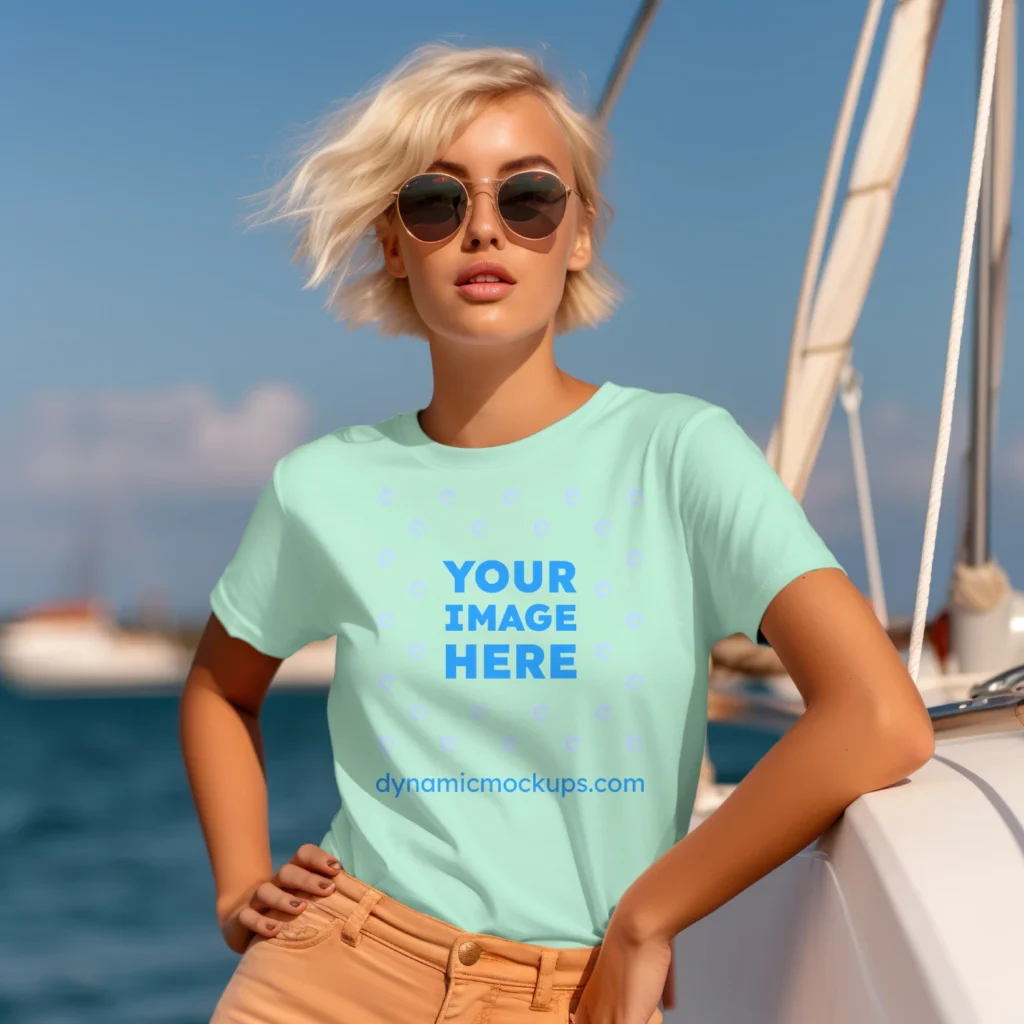 Woman Wearing Mint T-shirt Mockup Front View Template