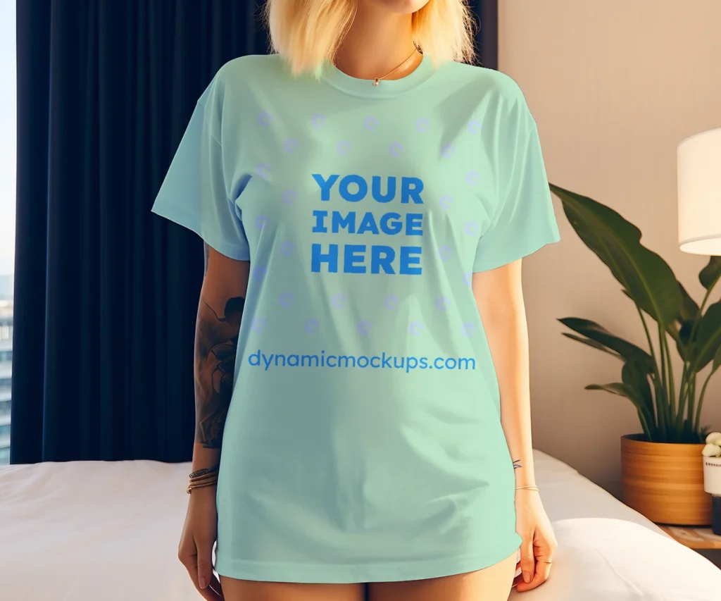 Woman Wearing Mint T-shirt Mockup Front View Template