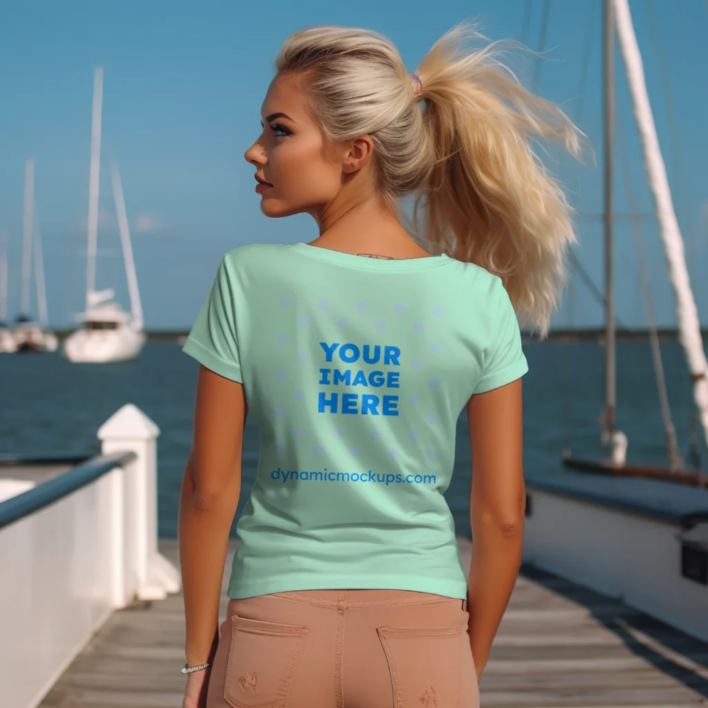 Woman Wearing Mint T-shirt Mockup Back View Template