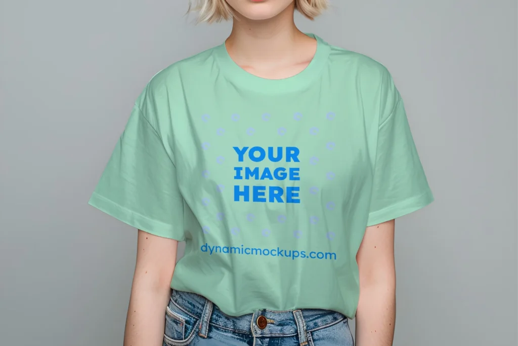 Woman Wearing Mint T-shirt Mockup Front View Template