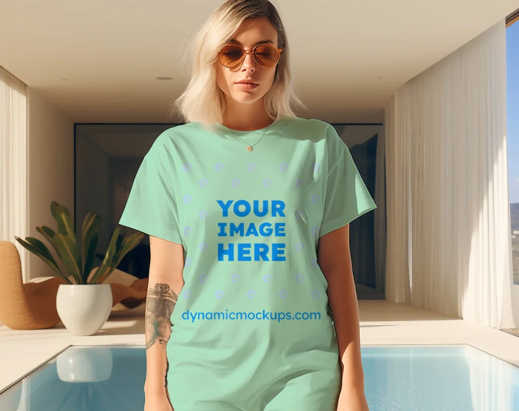 Woman Wearing Mint T-shirt Mockup Front View Template