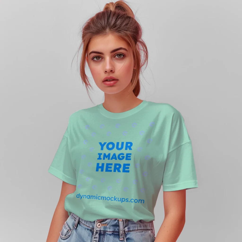 Woman Wearing Mint T-shirt Mockup Front View Template