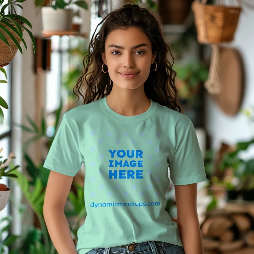 Woman Wearing Mint T-shirt Mockup Front View Template