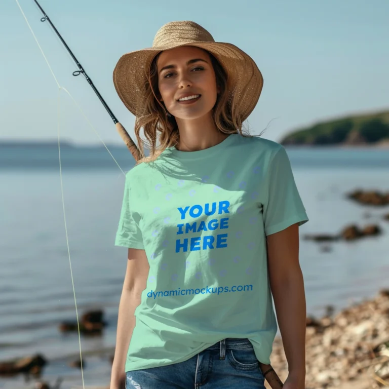 Woman Wearing Mint T-shirt Mockup Front View Template