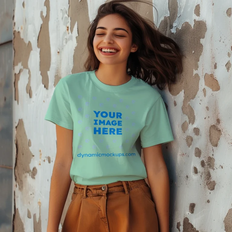 Woman Wearing Mint T-shirt Mockup Front View Template