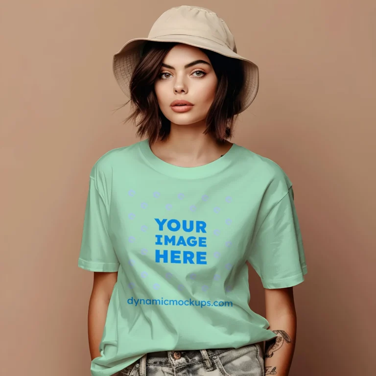 Woman Wearing Mint T-shirt Mockup Front View Template