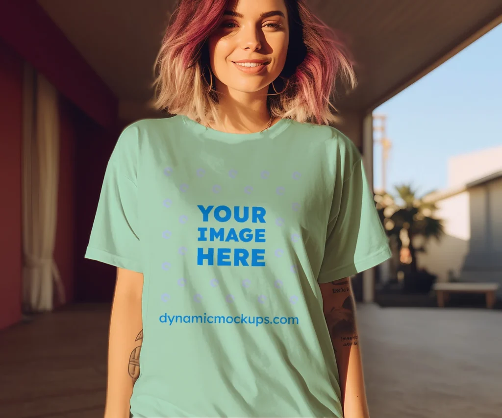 Woman Wearing Mint T-shirt Mockup Front View Template